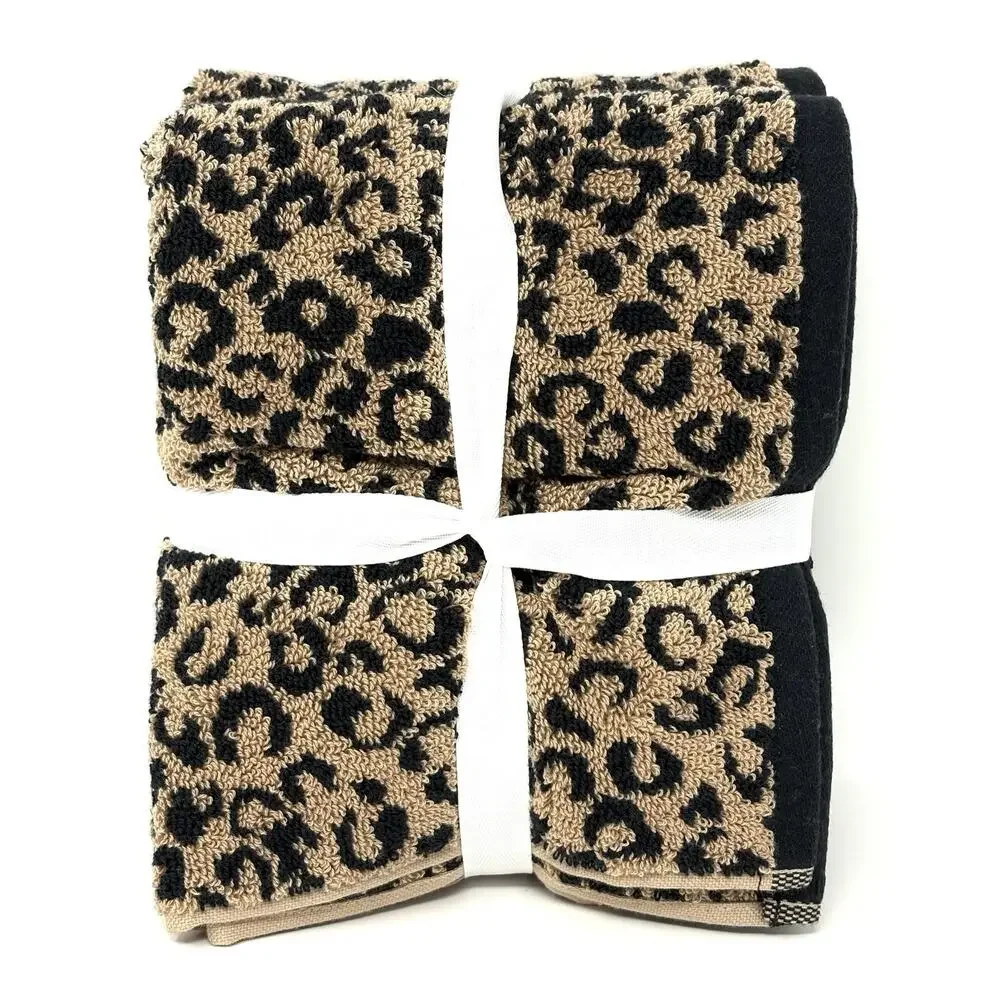 Rachel Zoe Animal Leopard Print Hand Towels Black Brown NWT Set 2 Pcs